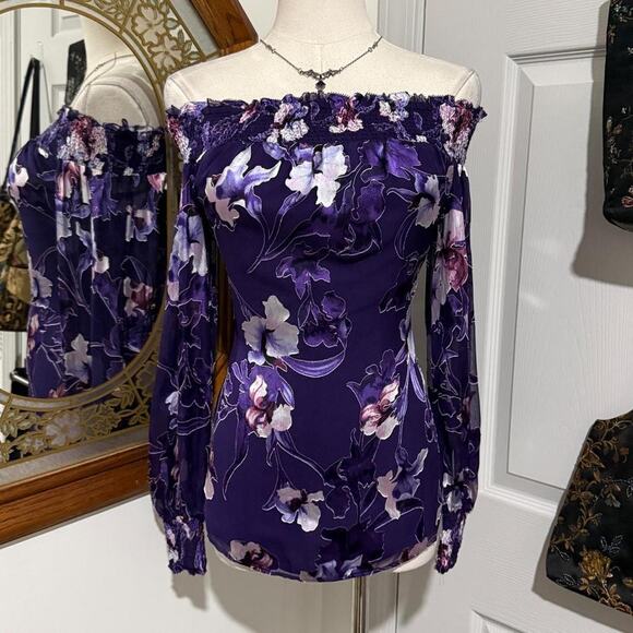 White House Black Market Tops - White House Black Market Purple Silk Blend Floral Burnout Off the Shoulder Top